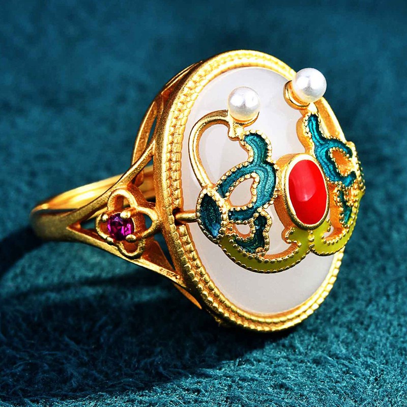 Fancyqube Cincin Batu Giok Putih Model Terbuka Warna Emas Gaya China Vintage Untuk Wanita