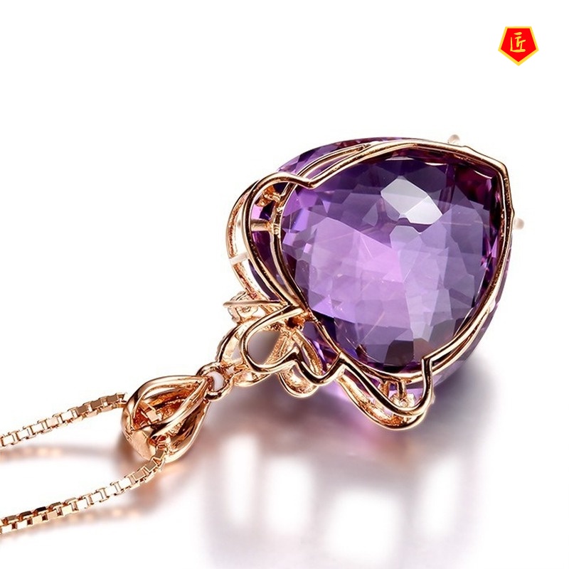 [Ready Stock]Luxury Heart-Shaped Amethyst Pendant 18K Gold Necklace Fashion