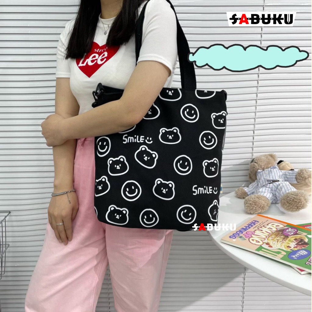 Tas Totebag SMILE Tas Selempang Sekolah Totebag Fashion Wanita Bahan Kanvas Premium -252