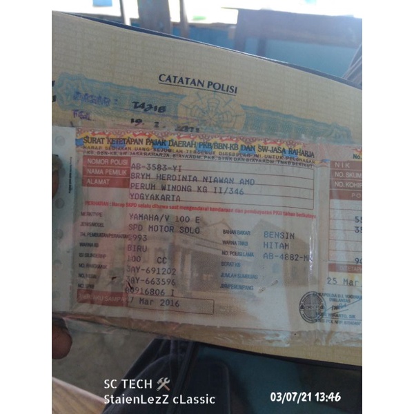 STNK BPKB Yamaha Alfa 93 BIRU