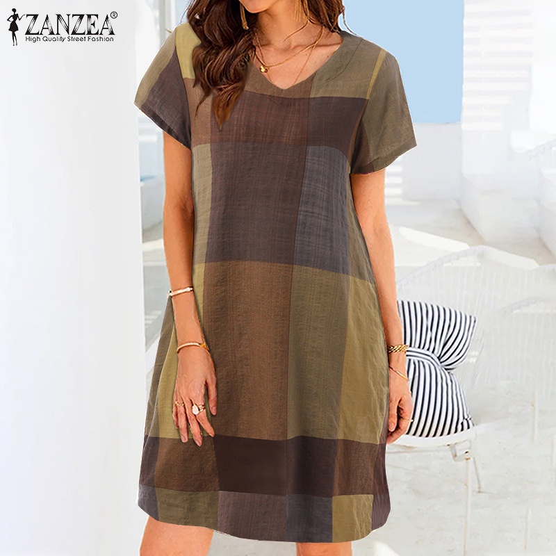 ZANZEA Womens Evening O Neck Check Holiday Casual Plaid Mini Dress