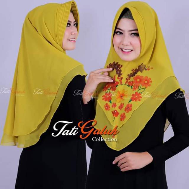3888 Khimar pet antem 2 layer lukis bunga/khimar pet antem polos motif bunga permata