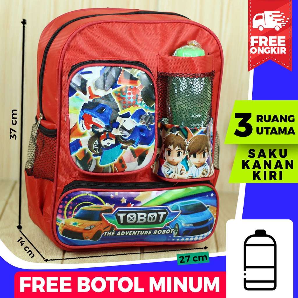 ( BONUS BOTOL MINUM ) Back Pack Sekolah Anak Karakter Tobot Merah Tas Ransel Sekolah Anak Laki Laki