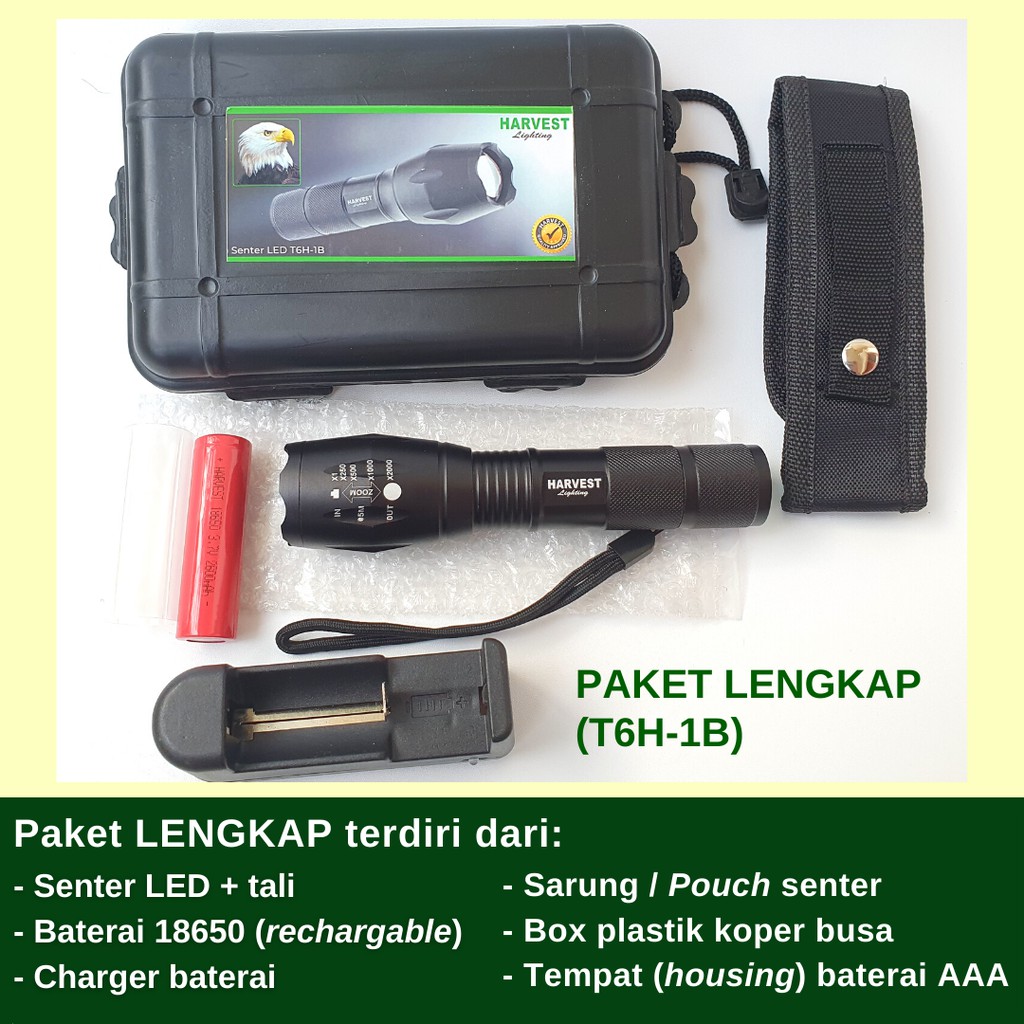 Lampu Senter LED T6 Cree HARVEST LIGHTING Flashlight Flash Light Baterai  Isi  Ulang Rechargeable  Bergaransi