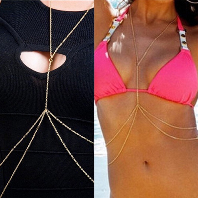 Kalung Rantai Tubuh / Pinggang / Perut Wanita Warna Gold Untuk Bikini / Pantai