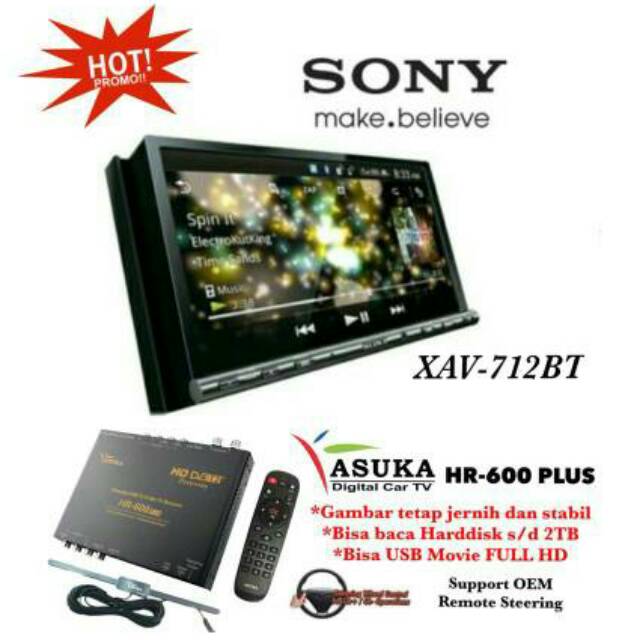 PAKET Sony XAV-712BT Head Unit Double din Tape Mobil XAV 712 BT & ASUKA HR-600 TV Tuner Digital