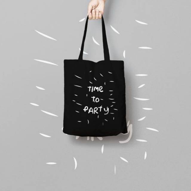 Tote Bag Kanvas Wanita dengan Resleting - Desain Aesthetic 'Time To Party Black' yang Stylish