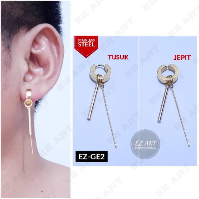 1Pc Model EZ-GE Gold Emas Stick Silinder Anting Pria dan Wanita Jepit Tusuk Variasi Bandul