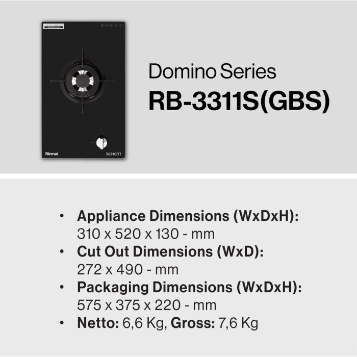 Kompor Tanam 1 Tungku Rinnai RB 3311S (GBS) 3311 S RB3311S Domino