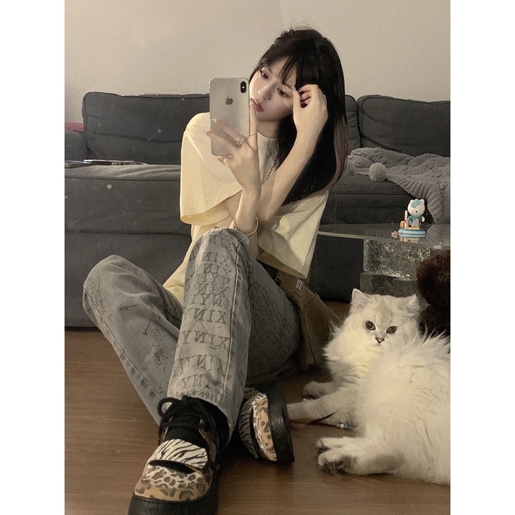 [100%  Katun]Flowers Kaos Lengan Pendek Cream Atasan Wanita Oversize Printed T-shirt Kekinian Korean Style