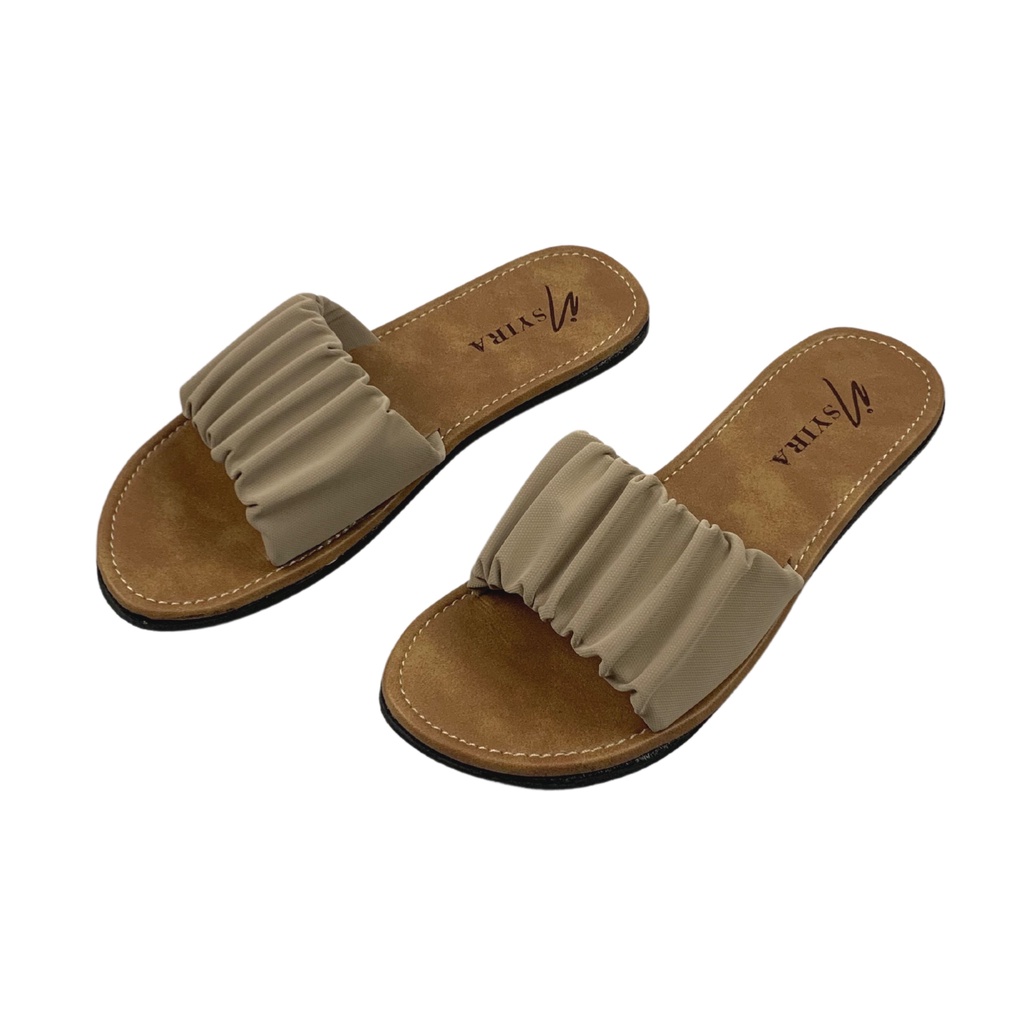 Sandal Wanita Kekinian Selop Kerut Sylvia / Sandal Selop Wanita Non Slip Alas Krem