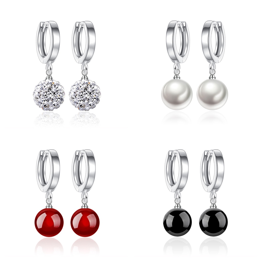 925 Sterling Perak Perempuan Anting-Anting Hitam dan Merah Batu Akik Putri Bola Anting-Anting Fashion Ornamen