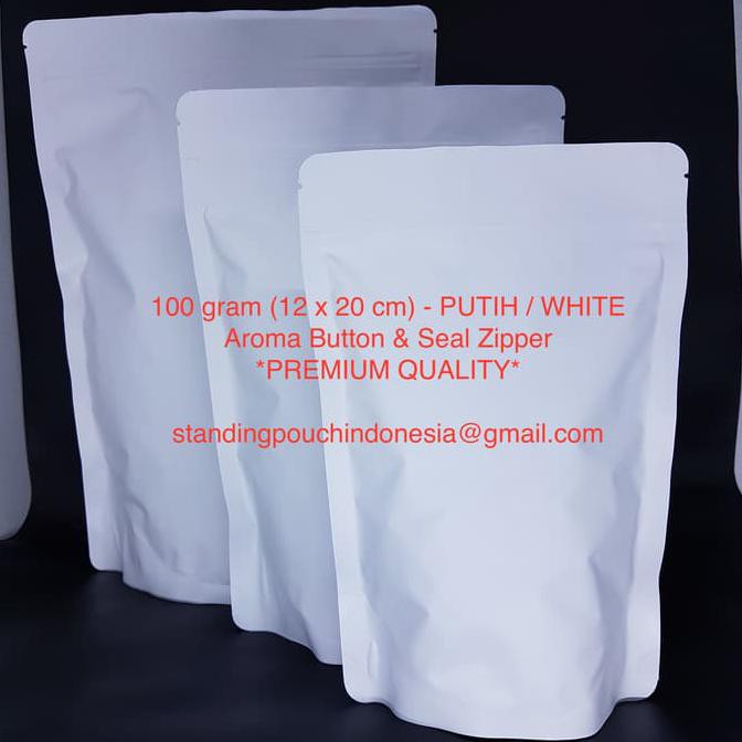 

Kemasan Kopi Standing Pouch 100g (VALVE + ZIPPER) PUTIH WHITE *PREMIUM FREE ONGKIR