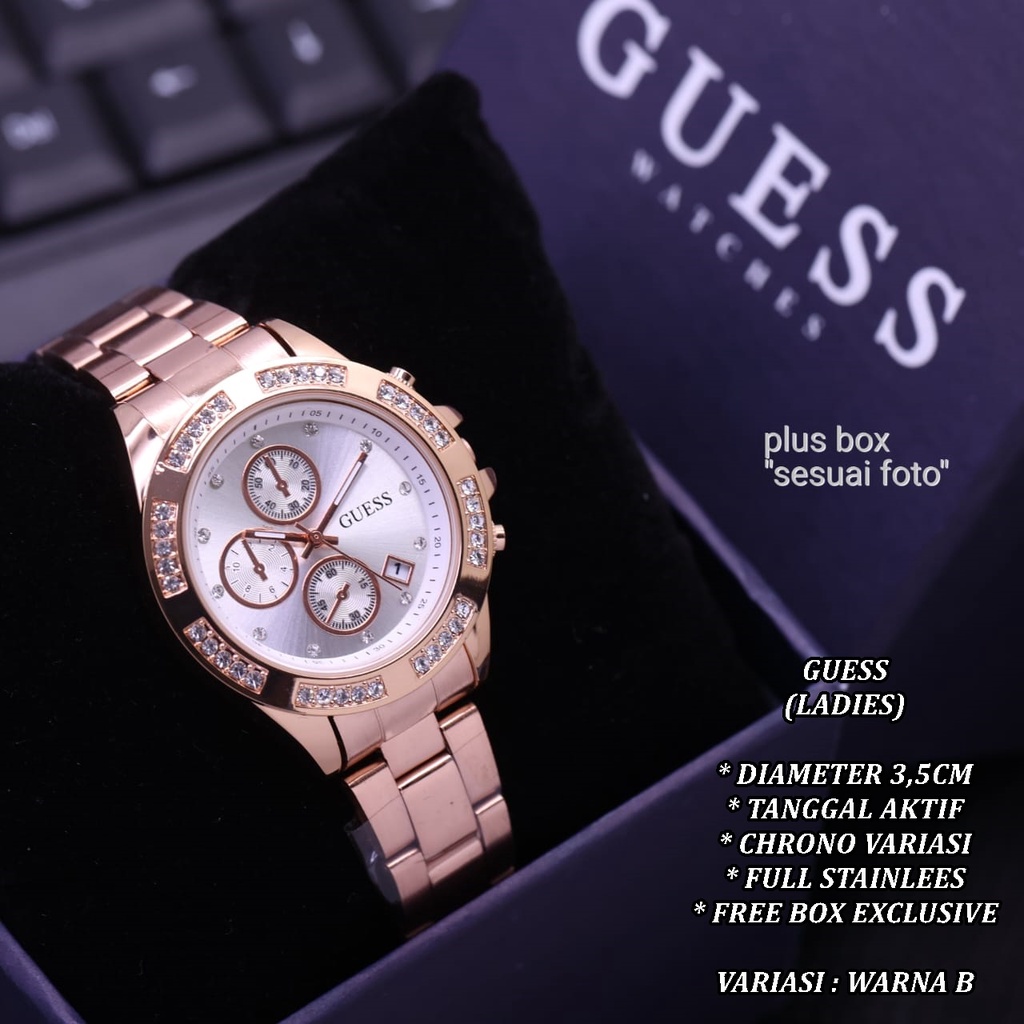 (FREE BOX) JAM TANGAN WANITA GUESS FULL STAINLEES TANGAL AKTIF CHRONO OFF