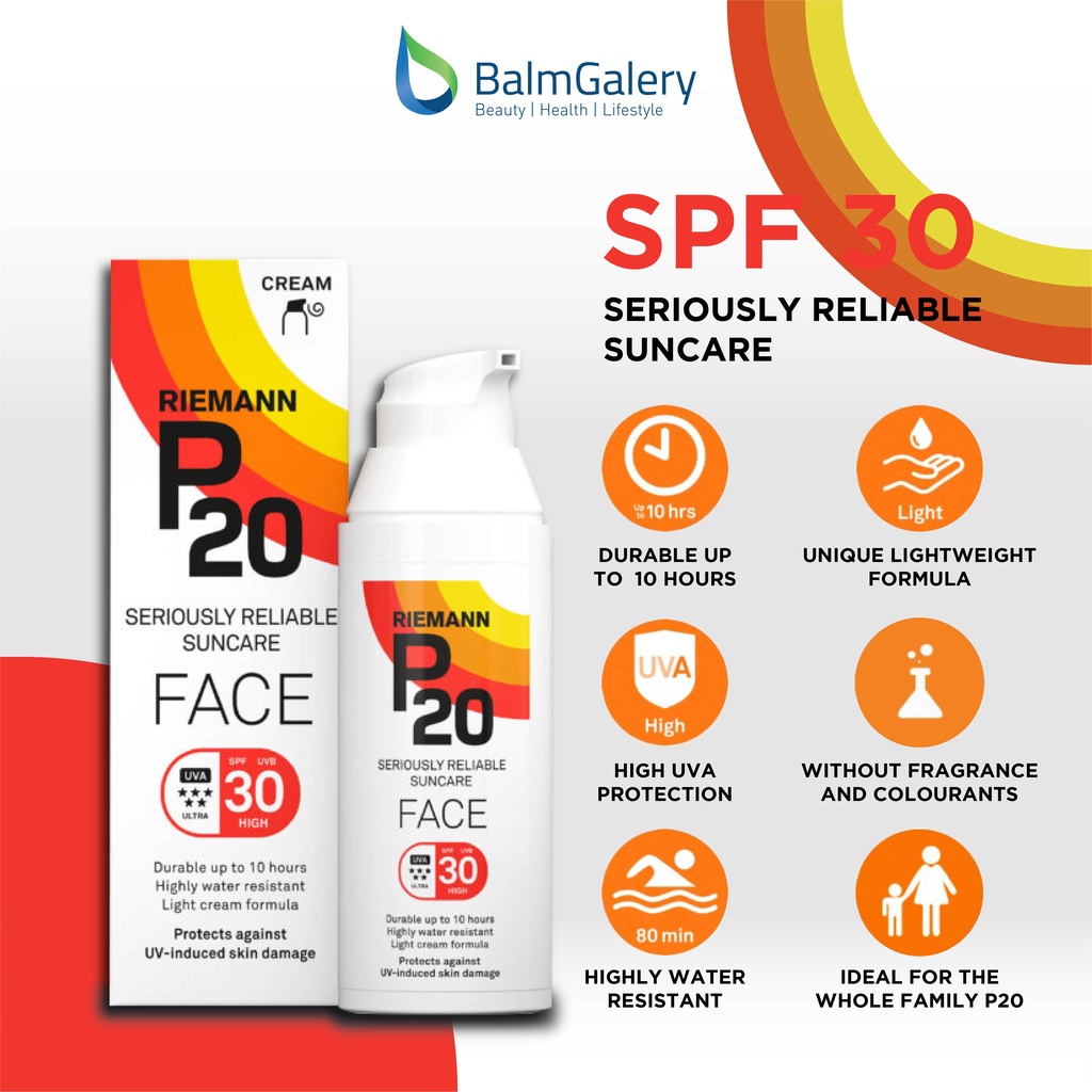 Sunscreen / Sunblok - ( Riemann ) P20  FACE SPF 30 (WAJAH)  - Anti UVA &amp; UVB TERBAIK - Tabir Surya Tahan Lama Hingga 10 jam - Tahan Air - CREAM 50 Gram