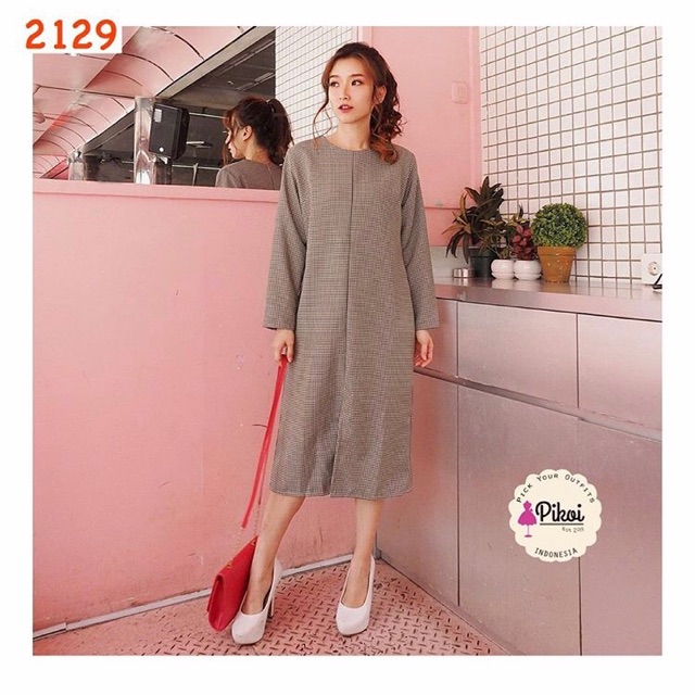 Dress linen murah / dress kotak cantik / dress lengan panjang lucu / dress korean style murah / 2129