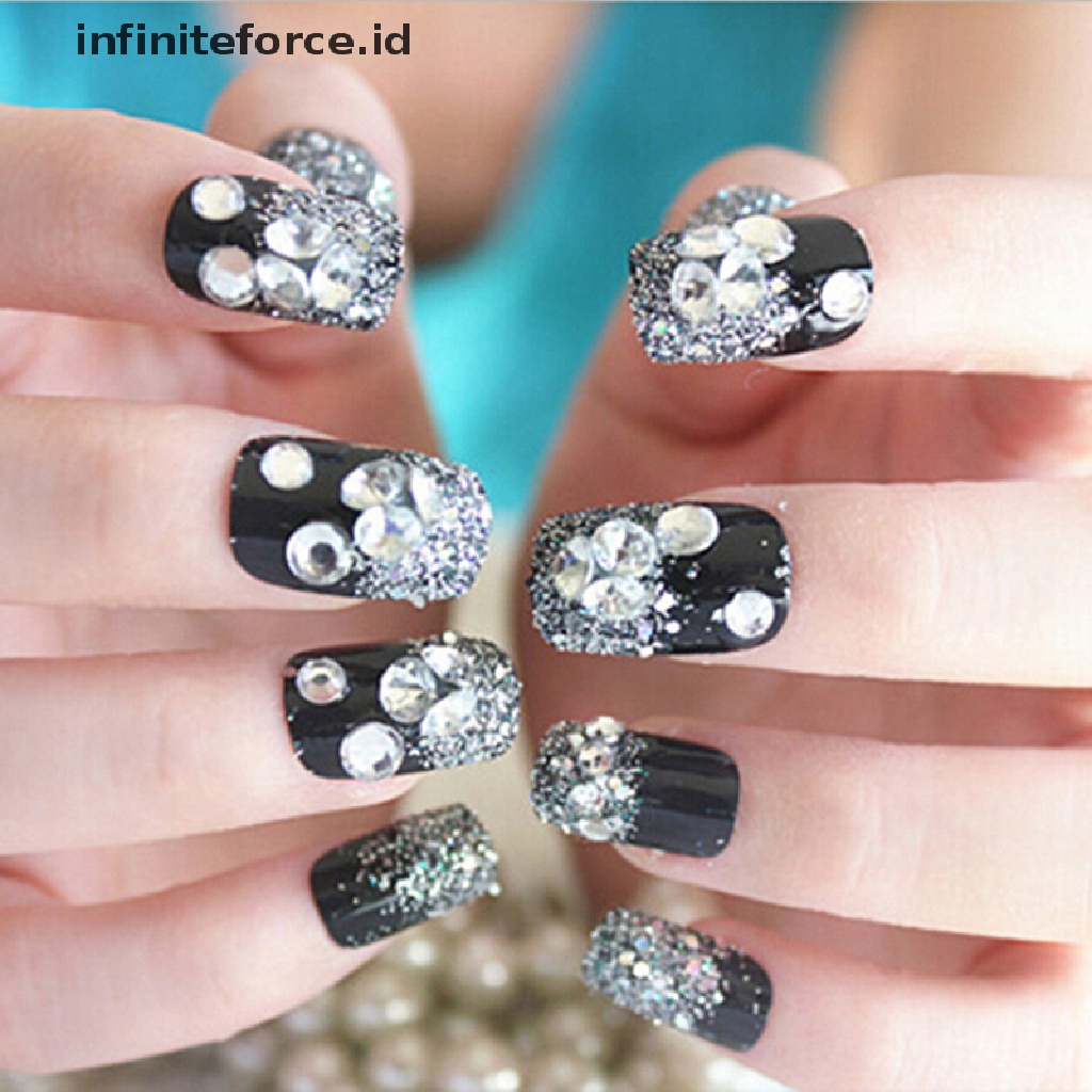 (Infiniteforce.Id) 24pcs / Set Kuku Palsu Akrilik Full Cover Warna Hitam Untuk Nail Art