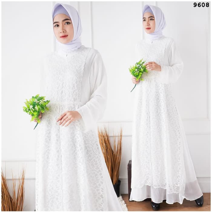 Gamis Brukat Impor Putih / Baju Muslim / Dress Muslim Putih #9608 - Putih Tulang- M
