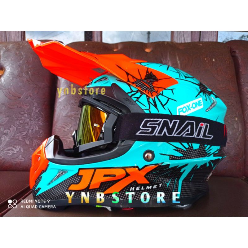 Helm JPX Cross Fox1 X34 Cracked Tosca Green Gloss Plus Kacamata Goggle Snail MX30 limited