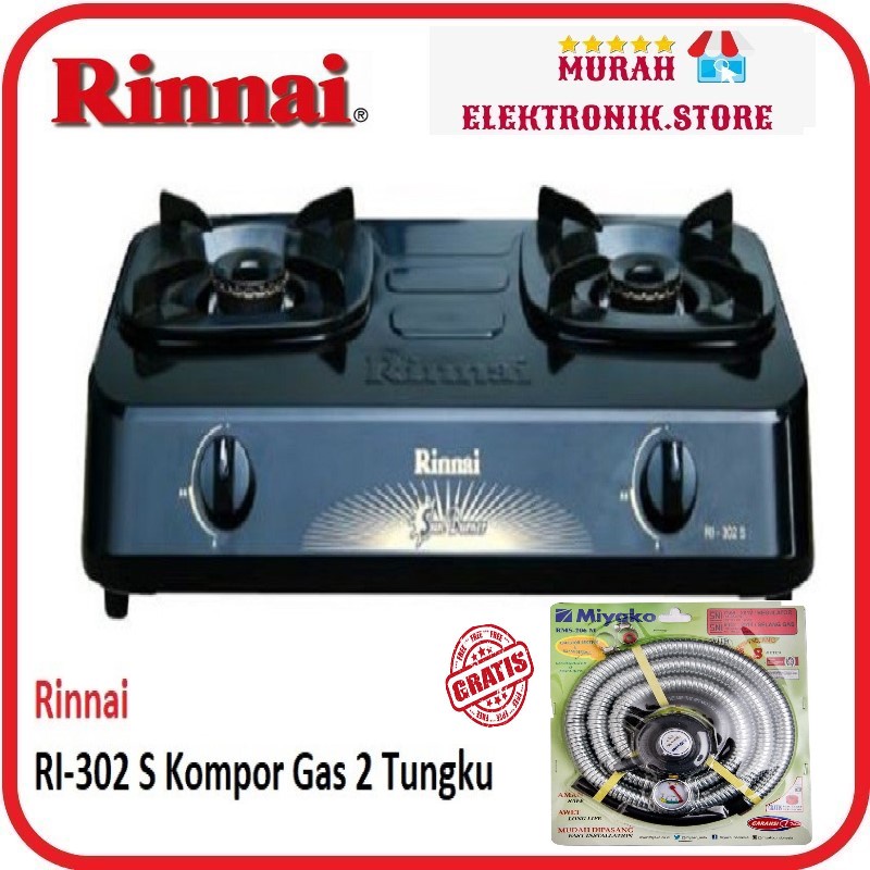 Rinnai Kompor Gas 2 Tungku RI 302S -selang paket miyako Hitam garansi resmi