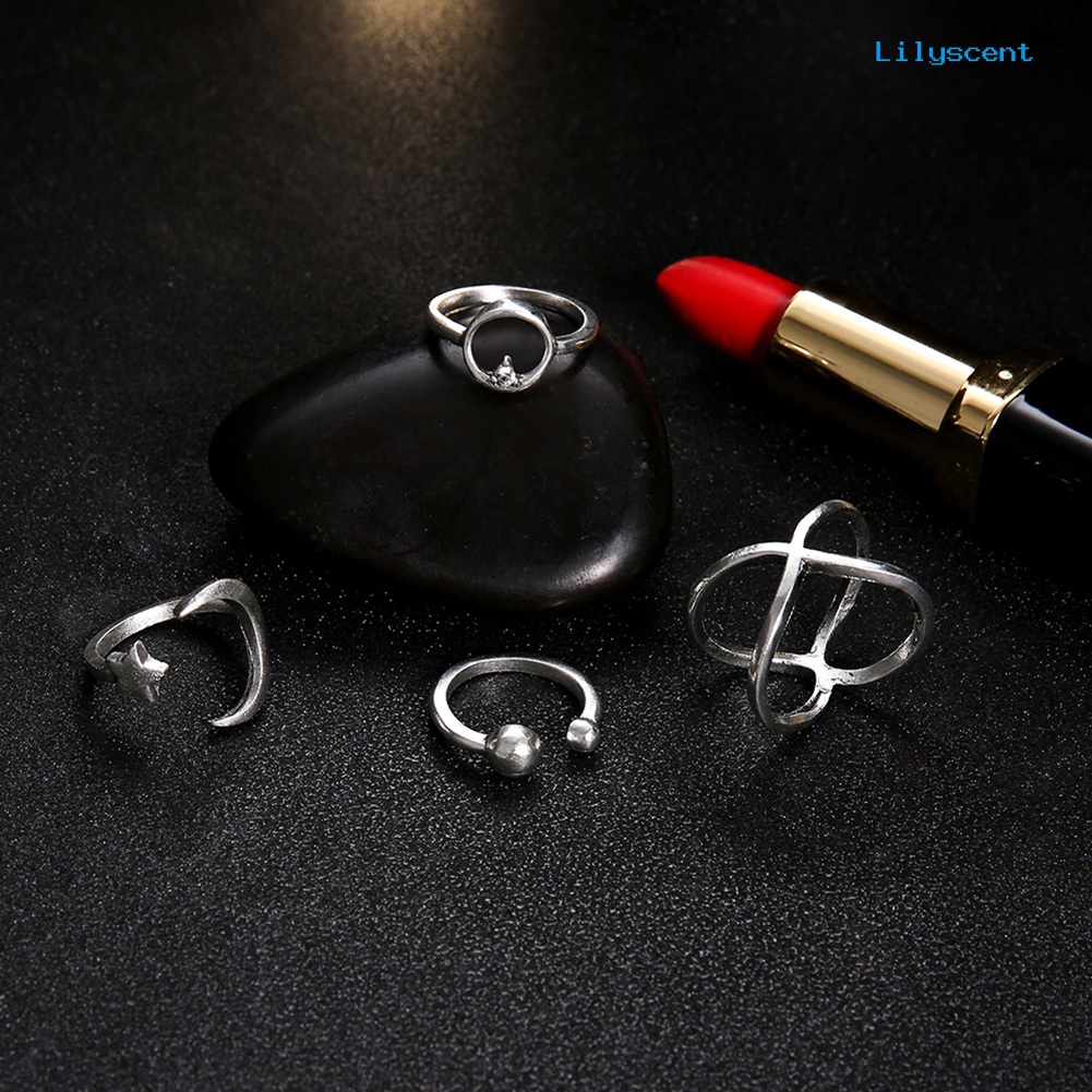 4pcs / Set Cincin Knuckle Model Terbuka Desain Bulan Bintang Aksen Berlian Imitasi Untuk Wanita