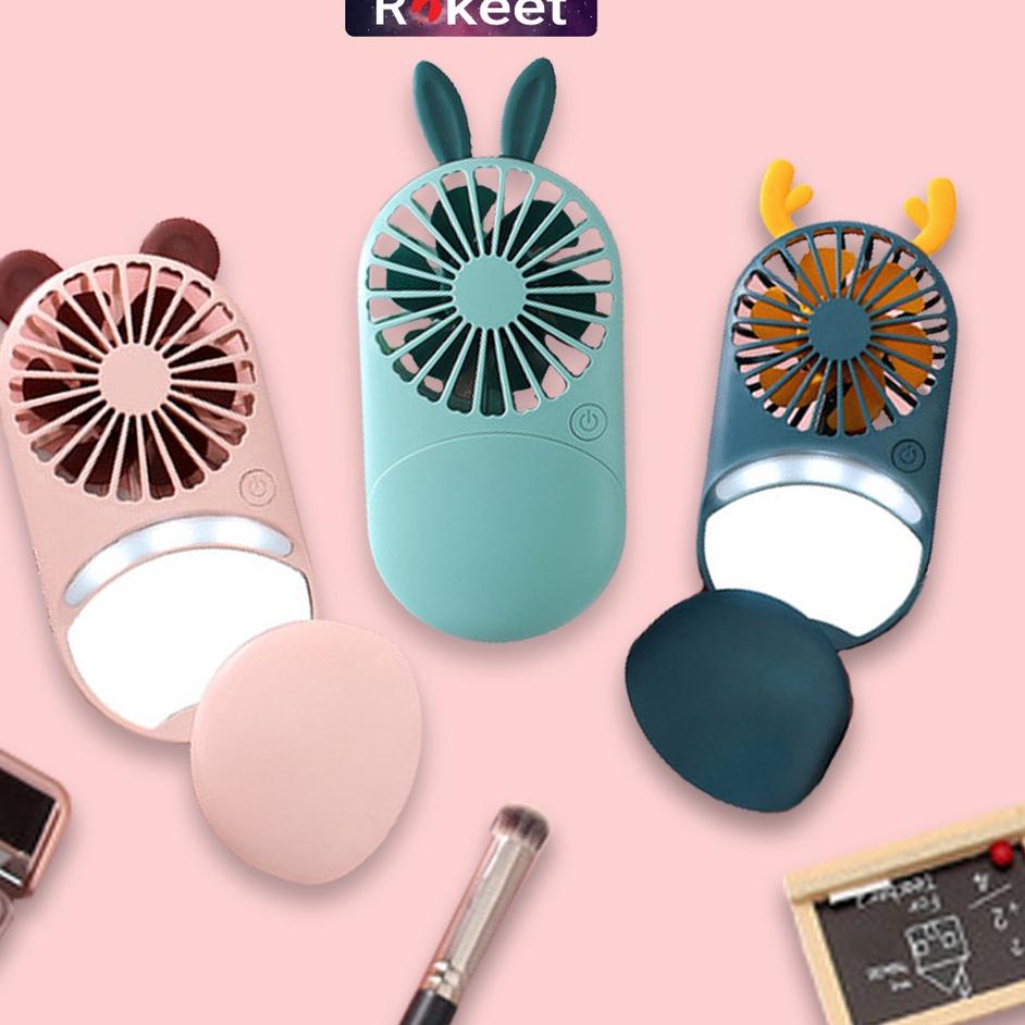 Rokeet Kipas Cermin LED 3in1 Mini Fan Karakter Portabel Cermin Angin Multifungsi ,.