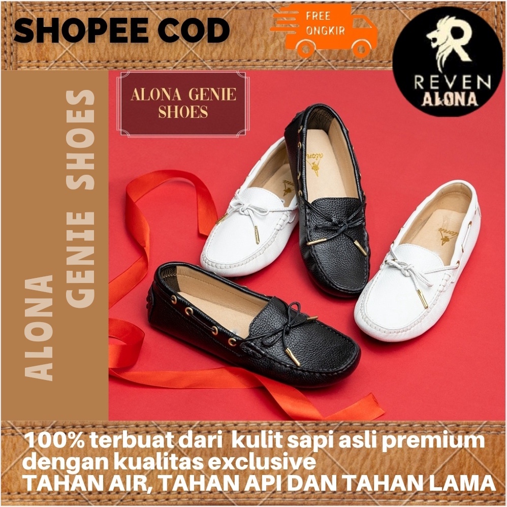 COD Sepatu Kulit Sapi Asli Wanita Alona Genie Original Branded Flat Loafer