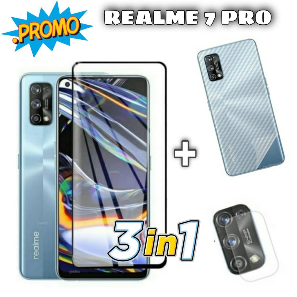 Paket 3in1 Realme 7 PRO Tempered Glass Layar Tempered Glass Kamera dan Skin Carbon