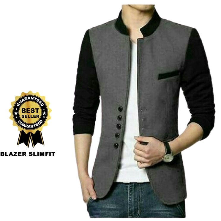 TERLARIS ! JAS BLAZER PRIA SLIMFIT KERAH MANDARIN RAIN GRAY ORIGINAL SLIMFIT / BLAZER PRIA WARNA ABU ABU TANGAN HITAM