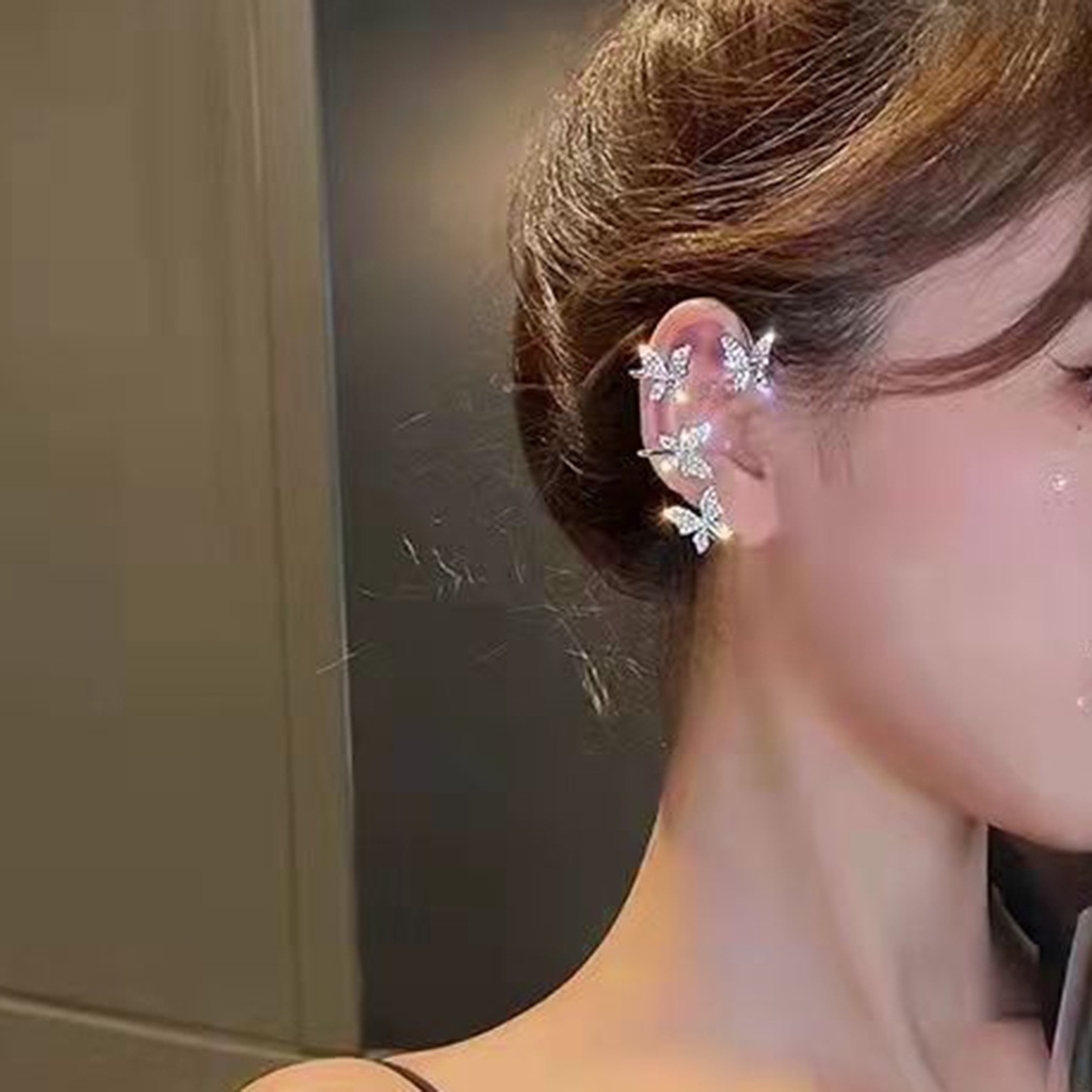 Hu Hu Hu Hu Hu Alat Bantu Pasang Kacamata♡ 1 Pasang Anting Klip Bentuk Kupu-Kupu Aksen Berlian Imitasi Untuk Perhiasan