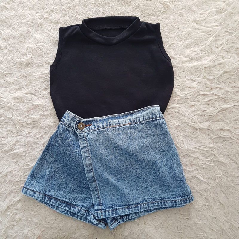 Baju Rok Jeans Anak setelan kaos rib skort jeans