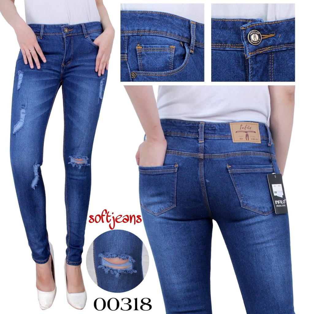 HOPYLOVY - Celana Jeans Wanita Skinny Ripped Denita