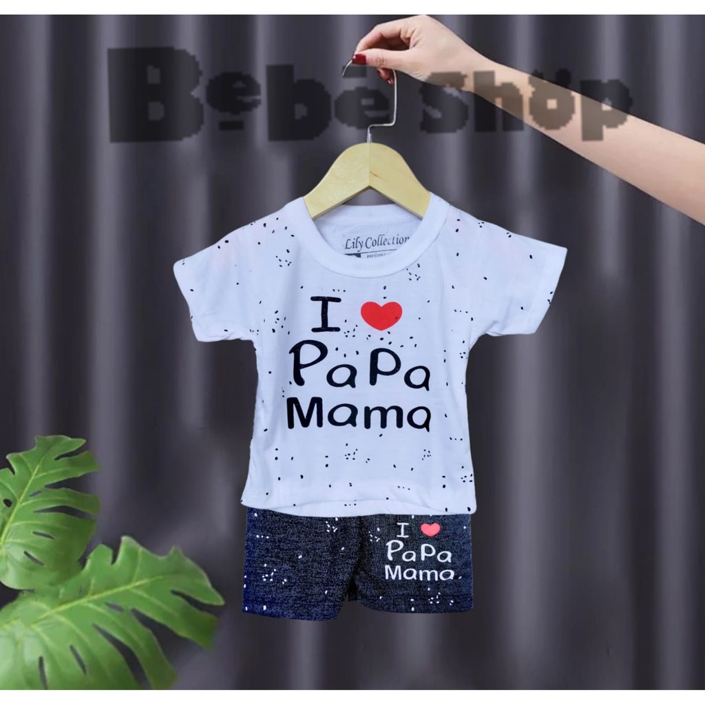 Setelan Baju Kaos Anak  l ove Mama Papa Usia 0 Sampai 2 Tahun