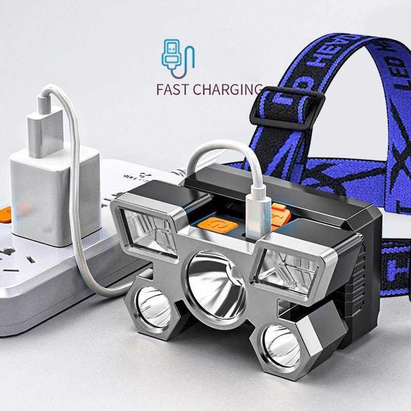 Lampu Senter Kepala 5 Led USB Rechargeable Portable Dengan Baterai Built-in Untuk Camping / Memancing