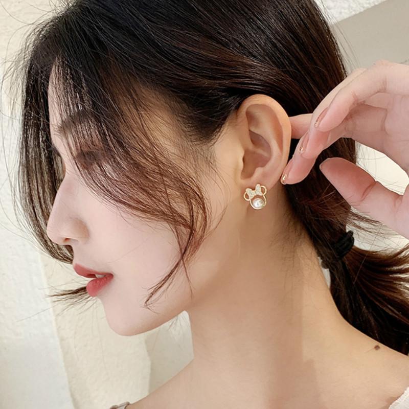 Anting Tusuk Sterling Silver 925 Desain Mickey Mouse Hias Mutiara + Berlian Gaya Korea Untuk Wanita