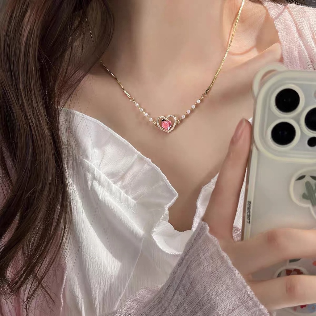 YEEZII Kalung Rantai Choker Liontin Hati Hias Mutiara Warna Pink Untuk Wanita