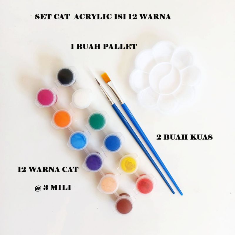 Cat Acrylic Pot @3ml 12 Warna 2 Kuas 1 Palet / Set Kuas Lukis Flat and Round