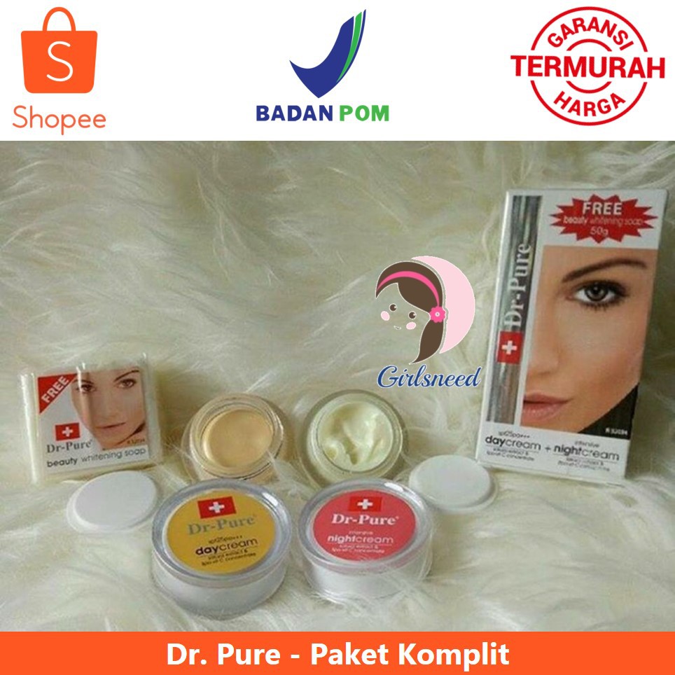 Dr Pure Whitening Cream Paket Komplit Day Night Krim FREE Facial Soap - Krim Siang Malam BONUS Sabun