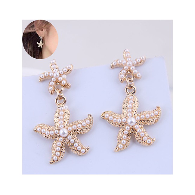 LRC Anting Tusuk Fashion Gold Metal Starfish Pearl Earrings A58853