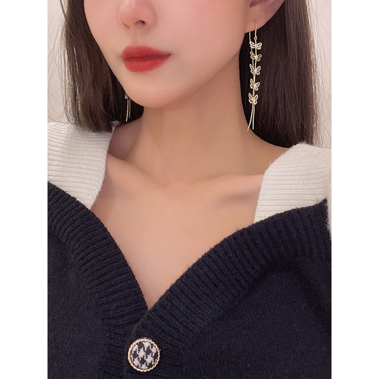 Butterfly Anting Rumbai Panjang Desain Kupu-Kupu Warna Emas Bahan Metal Untuk Wanita