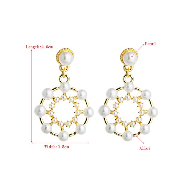 LRC Anting Tusuk Fashion Golden Fringed Pearl And Diamond Alloy Round Earrings K69875