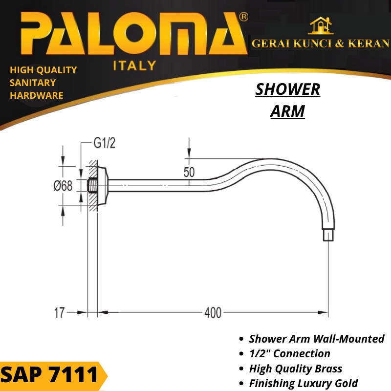 PALOMA SAP 7111 SHOWER ARM BRASS GOLD EMAS SAMBUNGAN KEPALA SHOWER