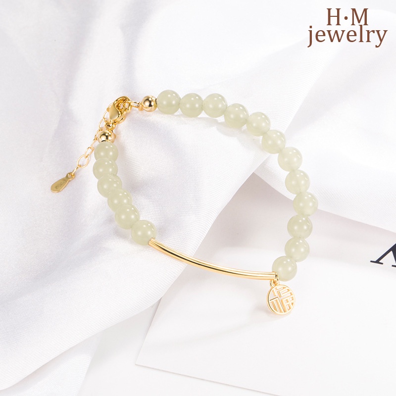 Fu Gelang Tangan Manik-Manik Batu Jade Hetian Bulat Untuk Wanita