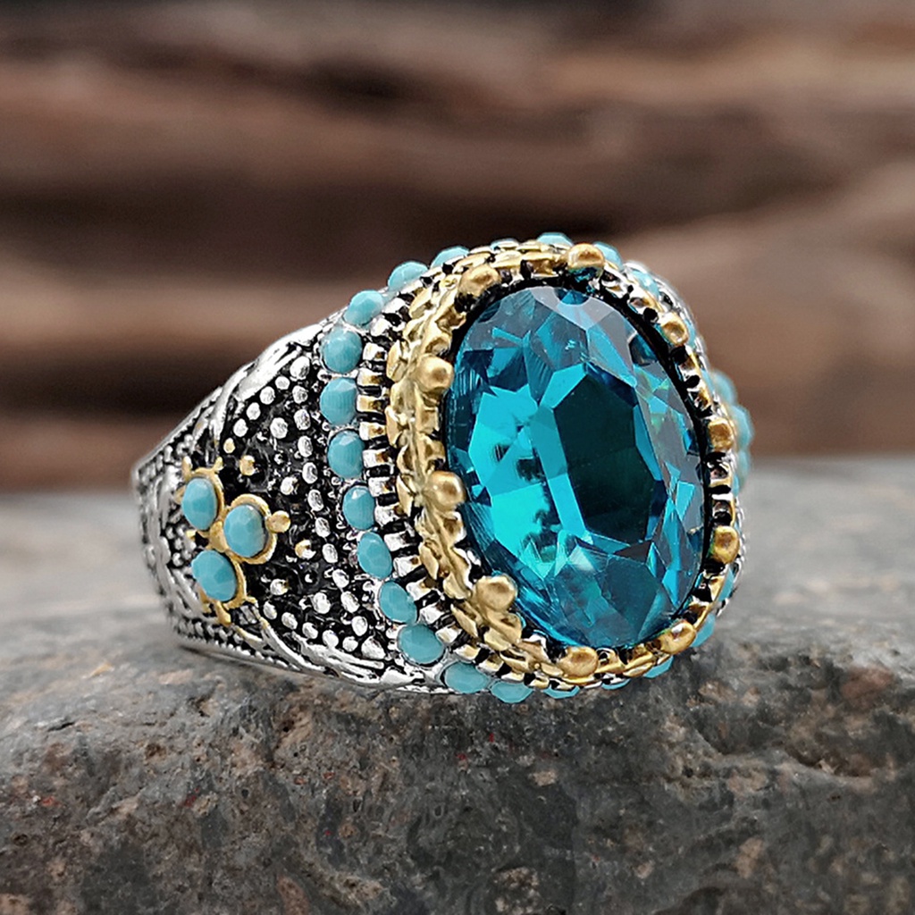 Hu Hu Hu Hu Hu Alat Bantu Pasang Kacamata♡ Cincin Pria Hias Turquoise Biru Berlian Imitasi Gaya Vintage Untuk Pernikahan