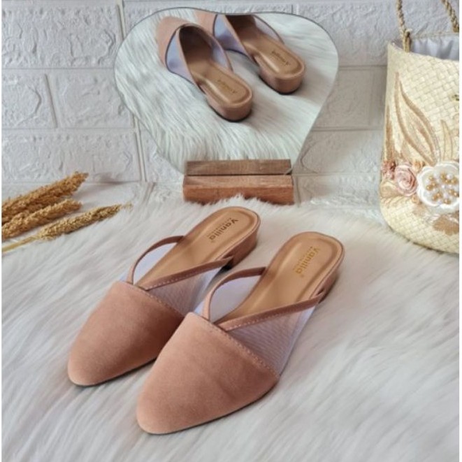 Bryan Axora Mules Style Heels 3cm Suede Beludru Hak Tahu Jala Nyaman Transparant Basic Bustong