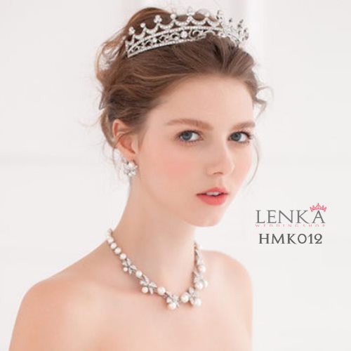 Paket Crown Kalung Anting Crystal Aksesoris Royal Pengantin Lenka - HMK012