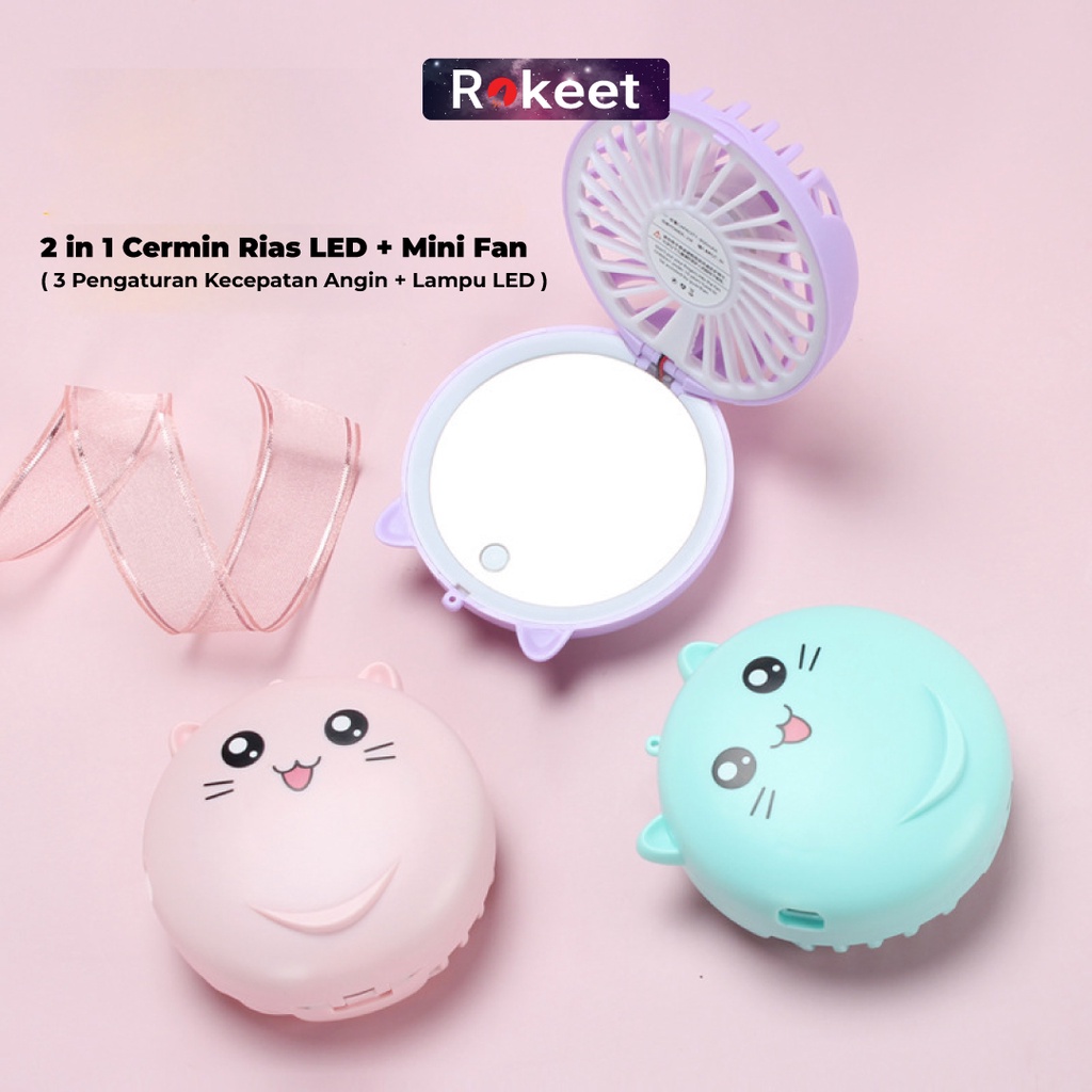 New Rokeet Kipas Angin Cermin Kaca LED Portable Karaker Mini Fan Mirror