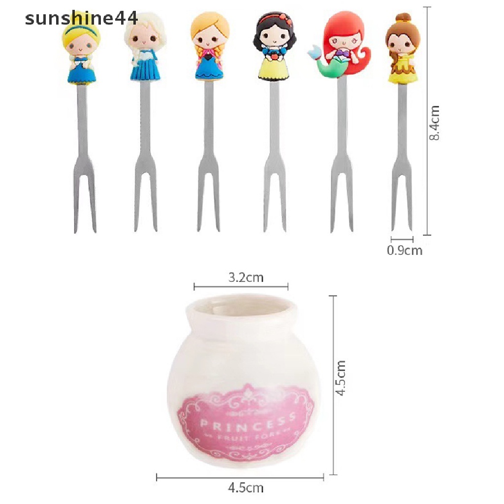 Sunshine 6pcs / set Garpu Buah / Dessert Desain Kartun Princess Bahan Stainless Steel Dengan Holder