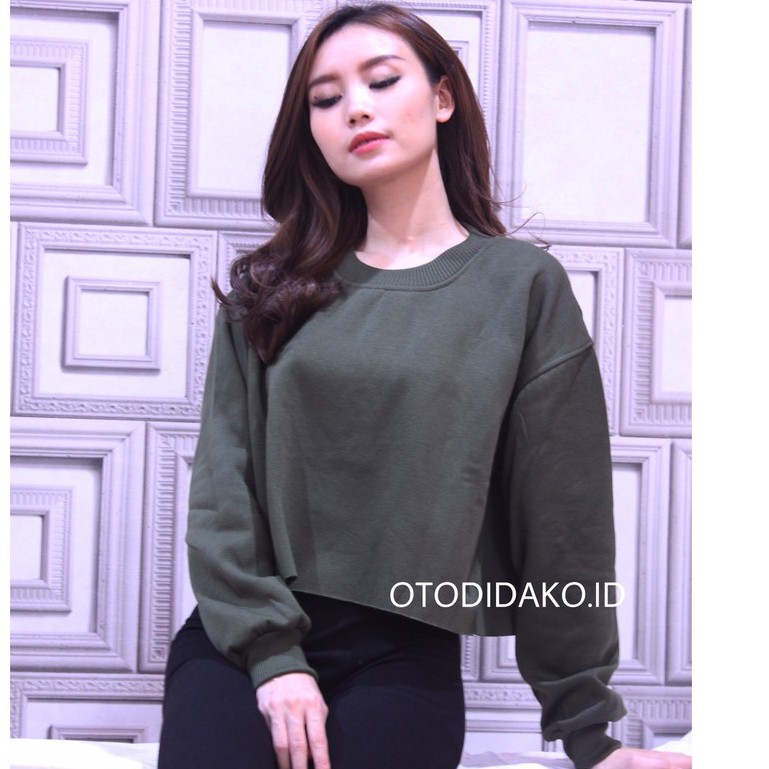 [BAYAR DITEMPAT] BASIC SWEATER CROP ALLSIZE & BIG SIZE-ARMY