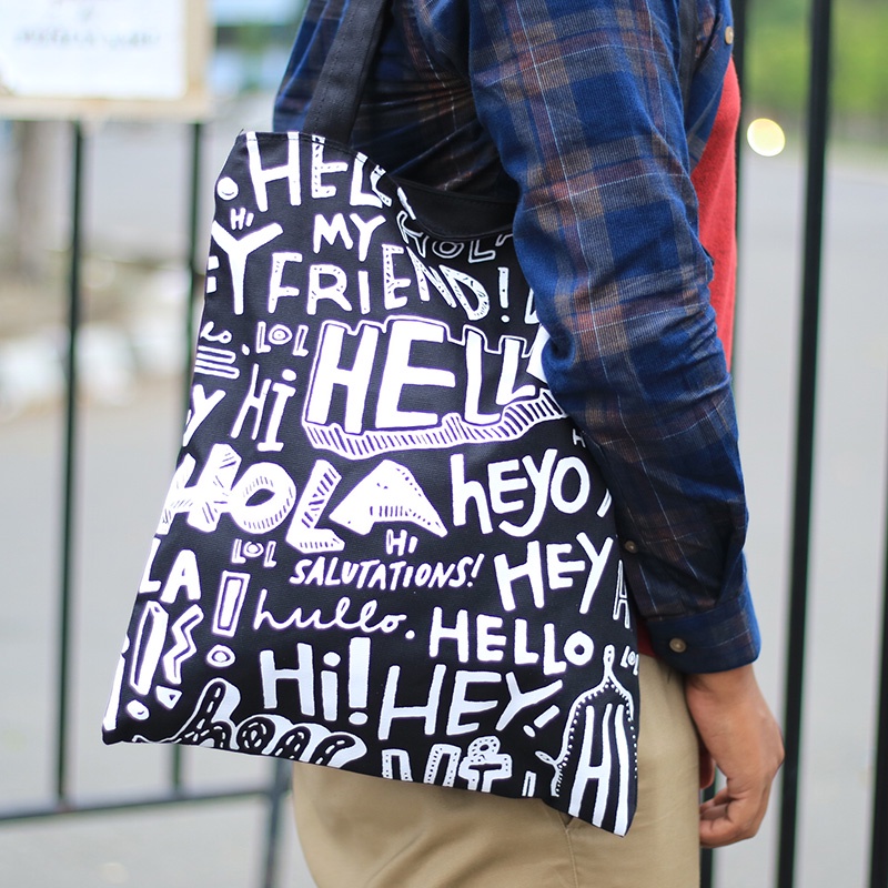 Totebag Resleting Tas Jinjing Tote bag Pria Wanita SPNB Kanvas HELLO